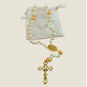 White/Orange Rosary with Gold Accents and Pearl Beads in Linen Pouch for Devotional Use