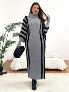 Plus Size High Neck Batwing Sleeve Sweater Dress (Belt Not Included)