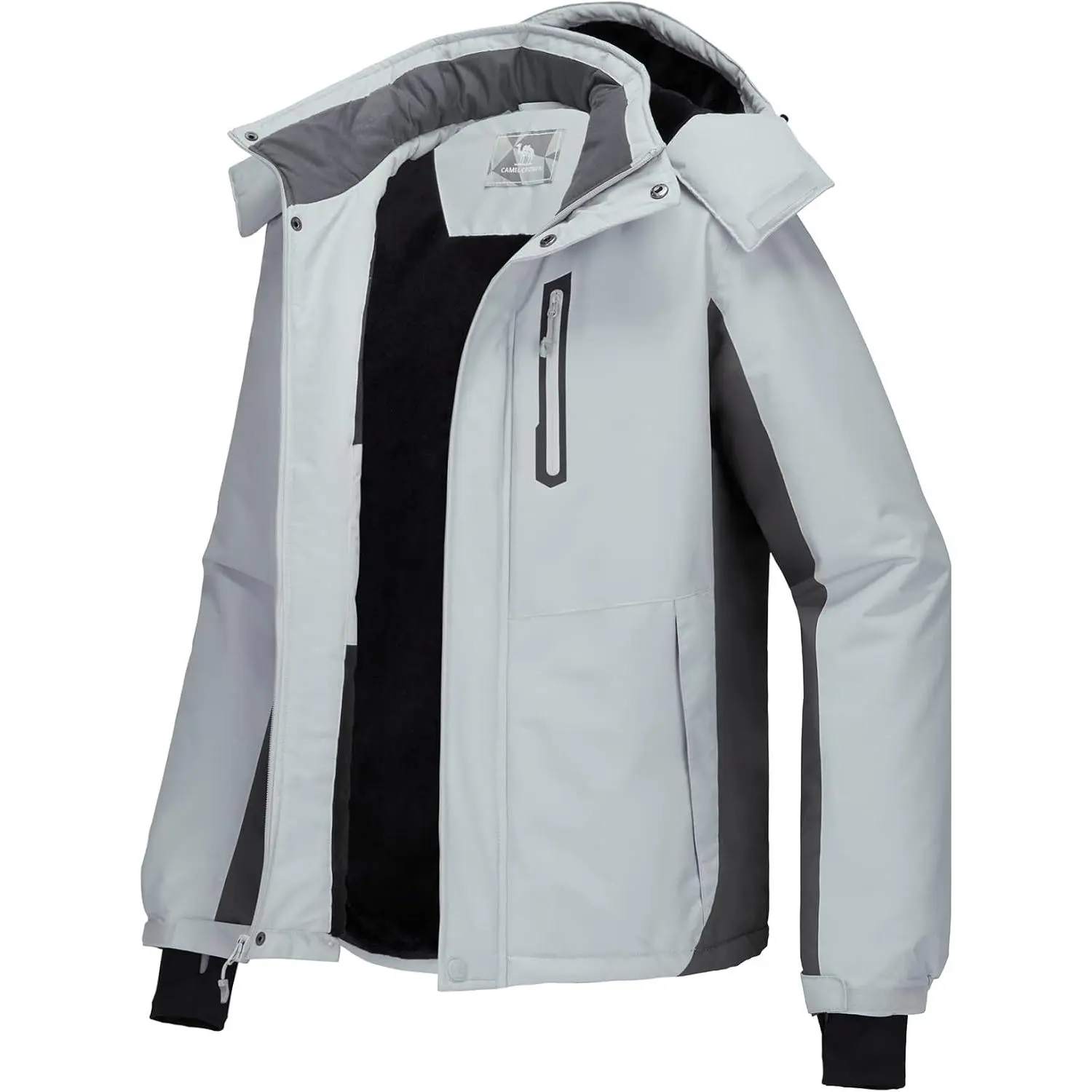 CAMEL Men's Waterproof Ski Jacket - Fitted Outdoor Winter Outerwear with Fleece Lining, Detachable Hood, Long Sleeves, Upgraded High Quality Zipper for Powder Skis Men's Sports Coat, Warm