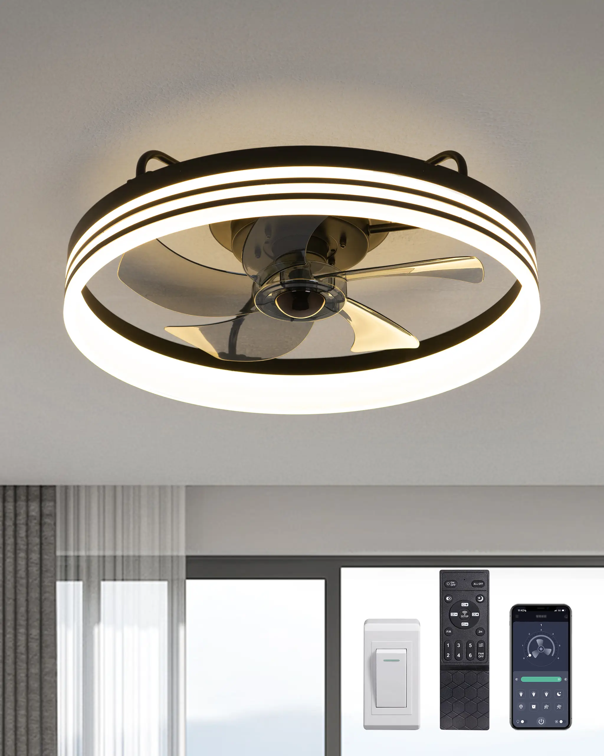 Ceiling Fans with Lights, Low Profile Ceiling Fan with Lamps and App & Remote Control, 6 Wind Speeds Smart Flush Mount Ceiling Fan with Lights for Bed