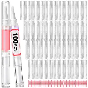 100Pcs 3ml Empty Nail Oil Cuticle Pens Travel Transparent Twist Pens with Brush Tip for Nail, Eyelash Growth Liquid Tube Cosmetic Lip Gloss Container Applicators with 120pcs Labels