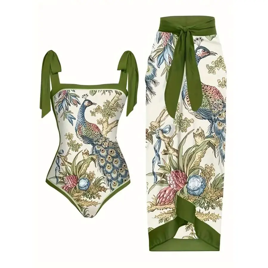Women's 2-Piece Peacock Print Tie-Strap Bathing Suit Set with Wrap Skirt Cover Up - Swimsuits for Women 2-Piece Set Swimdresses for Tropical Vacation, Beach