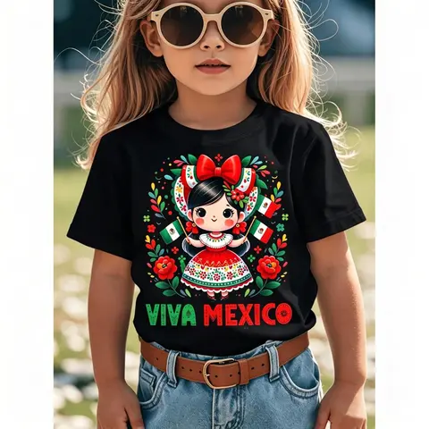 Cotton Viva Mexico Mexican Independence Day Kids Toddler Pattern T-Shirt Lightweight Breathable Summer Outdoor Short Sleeve Tee