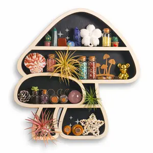 Fnydox Wooden Floating Mushroom Shelf - Wall-Mounted Crystal Display Rack for Rocks and Gems, Ideal for Home Decor, Home Organization | Whimsical Design | Wooden Construction, Mushroom Home Decor