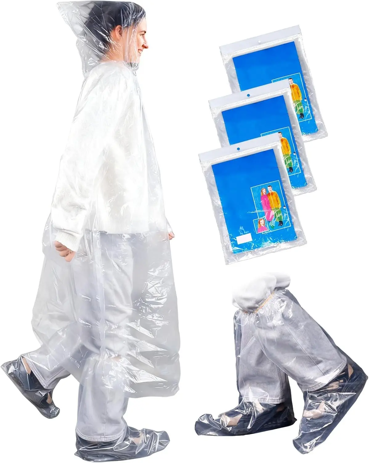 3 Pack Disposable Rain Ponchos and 3 Pairs of Waterproof Boot Covers | Emergency Clear Ponchos With Hoods for Camping,Hiking,Travel