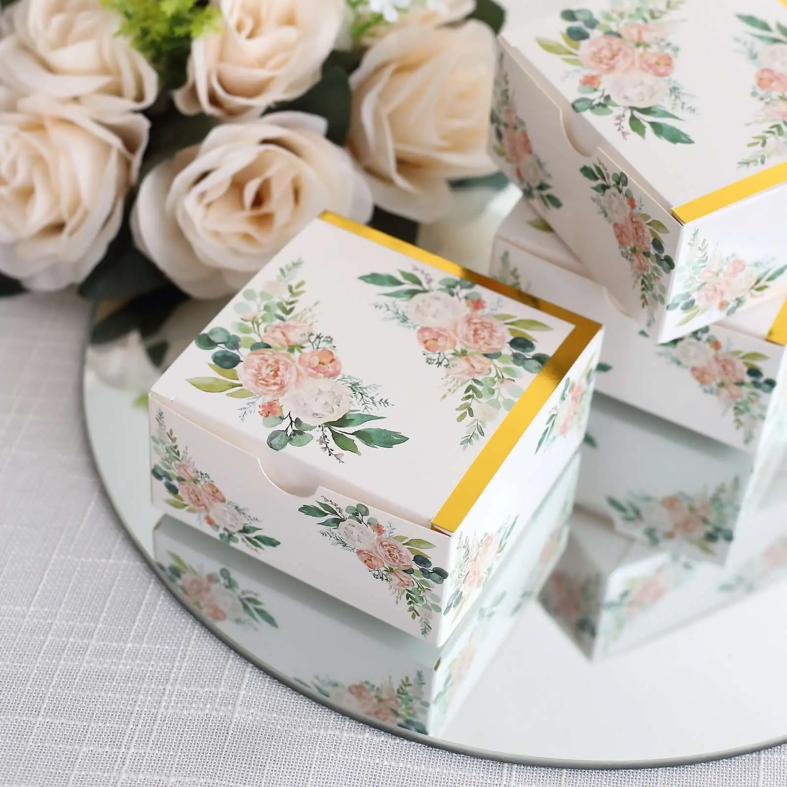 25-Pack White & Pink Peony Print Cardstock Gold-Edge Gift Boxes - 4"x4"x2" Themed Gift Packaging with Custom Design for Party Shower Candy Favors, Gift Box Design, Gift Packaging Box