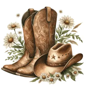 Country Boots, Cowgirl Hat and Flowers Direct To Film Print,DTF Print, Ready To Press Print For T-Shirts