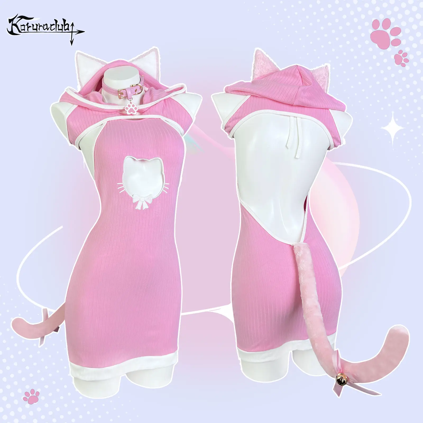 KORURACLUB Women's Cute Cat Cosplay Costume Set - 3-Piece Heart Cutout Hoodie with Matching Gloves and Tail, Halloween, Playful Look, Tabby Theme