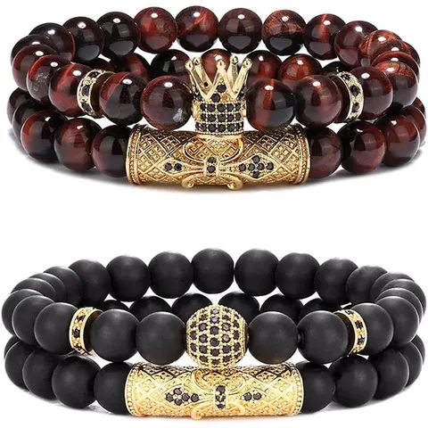 Riza Craft Men's 4-Piece Stackable Bangle Bracelets Set - Crown Design Alloy Beaded Stretch Bracelet Stacks with 8mm Black Matte, Tiger Eye Healing Stones, Black Cubic Zirconia, Daily Men's Jewelry Accessories
