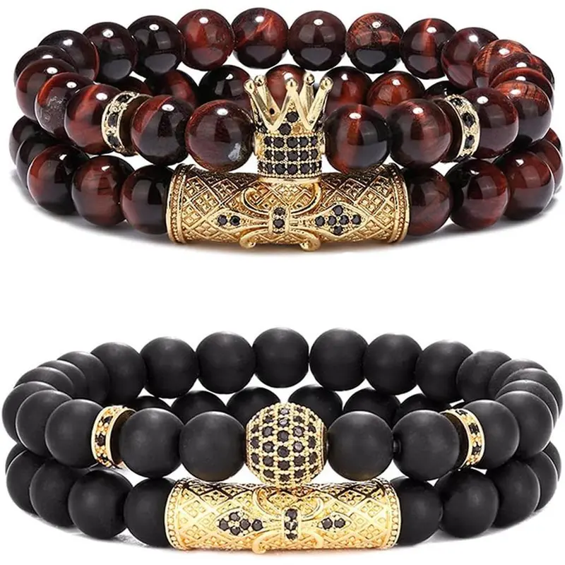 Riza Craft Men's 4-Piece Stackable Bangle Bracelets Set - Crown Design Alloy Beaded Stretch Bracelet Stacks with 8mm Black Matte, Tiger Eye Healing Stones, Black Cubic Zirconia, Daily Men's Jewelry Accessories
