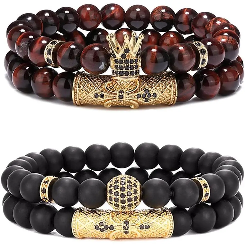 Crown King 4 Pcs 8mm Black Onyx & Tiger Eye Stone Beads Bracelet Set for Men Women High-Quality Sturdy Durable Elastic Rope Bracelets Black Onyx