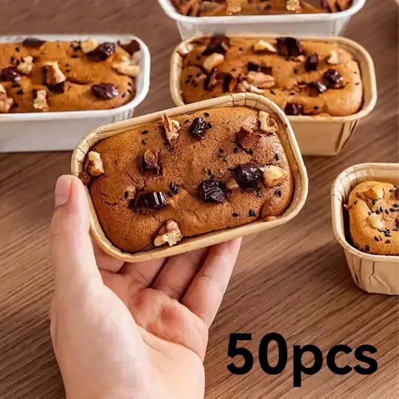 50pcs Greaseproof Cardboard Baking Cups - Rectangle Mini Loaf Cake & Muffin Cases with Ribbed Sides, Stackable Design for Even Baking, Perfect for Bread, Cupcakes, Desserts, Baking Accessories, Bakeware, Bakery Supplies