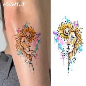 Waterproof Temporary Tattoo Sticker Dreamy Watercolor Lion Sunflower Flower Body Art Arm Fake Tattoos For Women Men Neck Wrist
