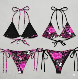 My Chemical Romance Inspired String Bikini Set – Hot Pink & Black | Skull Grunge All-Over Print | 2 Style Options | Halter Tie Top & Side-Tie Bottom | Y2K Emo Alt Punk Swimwear | Women's Festival Beach Outfit & Gift