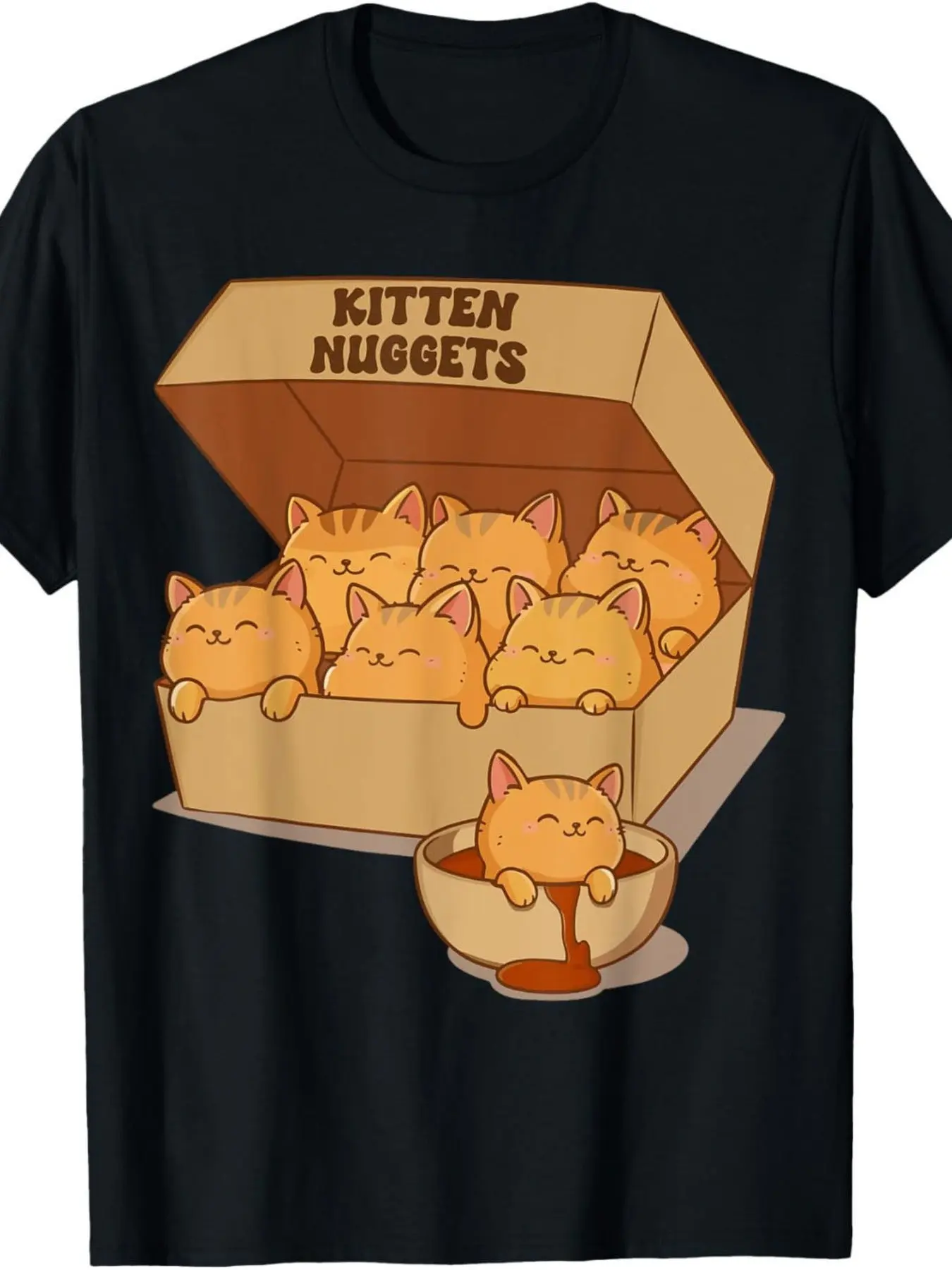 Women's Breathable Short-Sleeve Novelty Graphic T-Shirt, Unisex Crew Neck with Quote, Cute Orange Kitty Kitten Nuggets Box Sauce Bowl Design for Cat Lovers, Fashion Apparel Casual Menswear, Shortsleeve, Classic