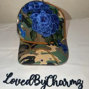 Camo & Roses Embroidered Hat with Blue Rose design and Gold Chain Detail
