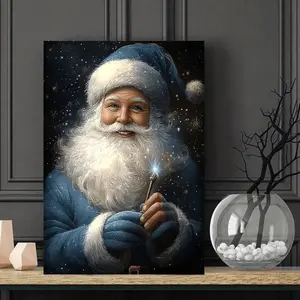 1 Piece Wooden Frame Canvas Wall Art - Santa Claus Magic Wand, Blue and White Beard and Starry Sky Design, Rustic Modern Style Christmas Decoration, Suitable for Living Room, Home Office - Ready-to-Hang Holiday Oil Painting, Easy Hook Installation, 2D Fla