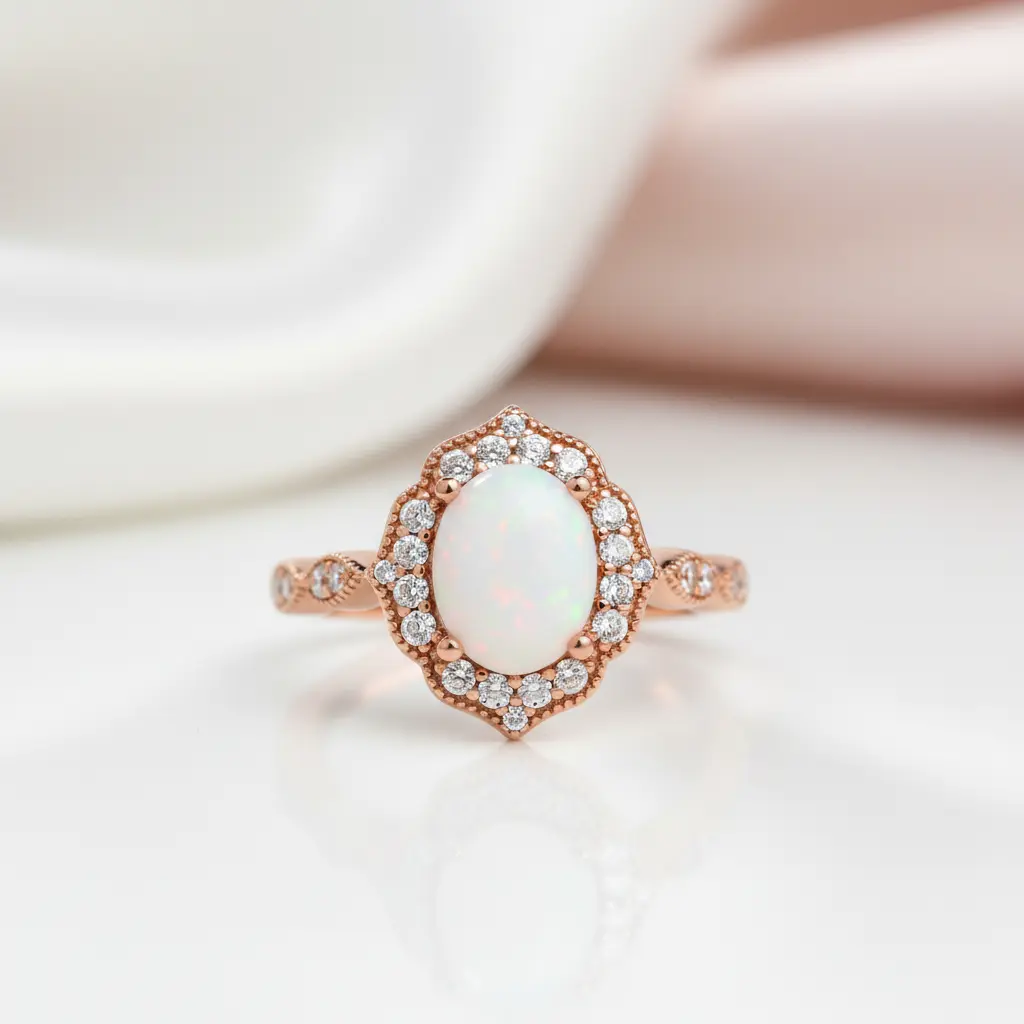 Vintage Rose Gold Oval Cut Opal Engagement Ring