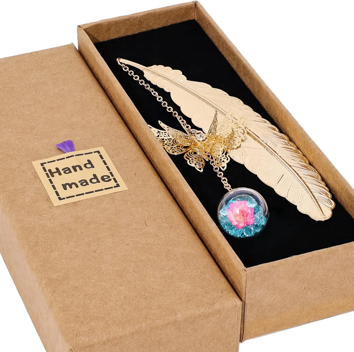 Feather Gold - Blue Crystal Pink Flower