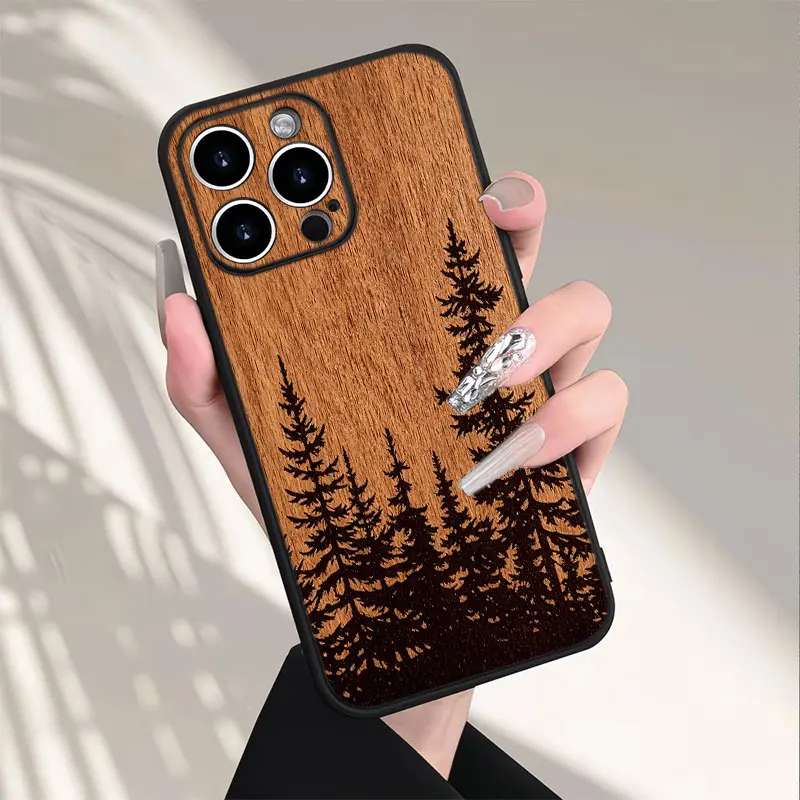 Forest Pine Tree Silhouette Phone Case， Minimalist Rustic Wood Texture Style for iPhone 17 16 15 14 13 12 11 Plus Pro Max， Nature Lover Gift