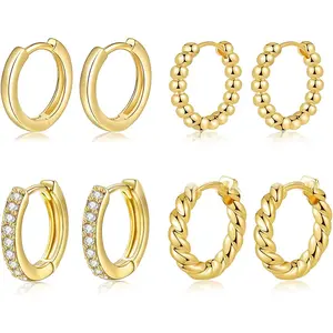 4 Pairs Small Gold Huggie Hoop Earrings for Women Cartilage Mini Gold Hoops Gold Earrings Set for Multiple Piercing
