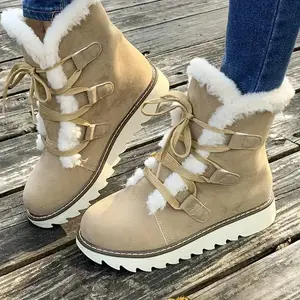 Women's Plush Lined Snow Boots, Pure Color Tied Outdoor Non-Slip Boots, Winter Warm Outdoor Mid-Calf Boots