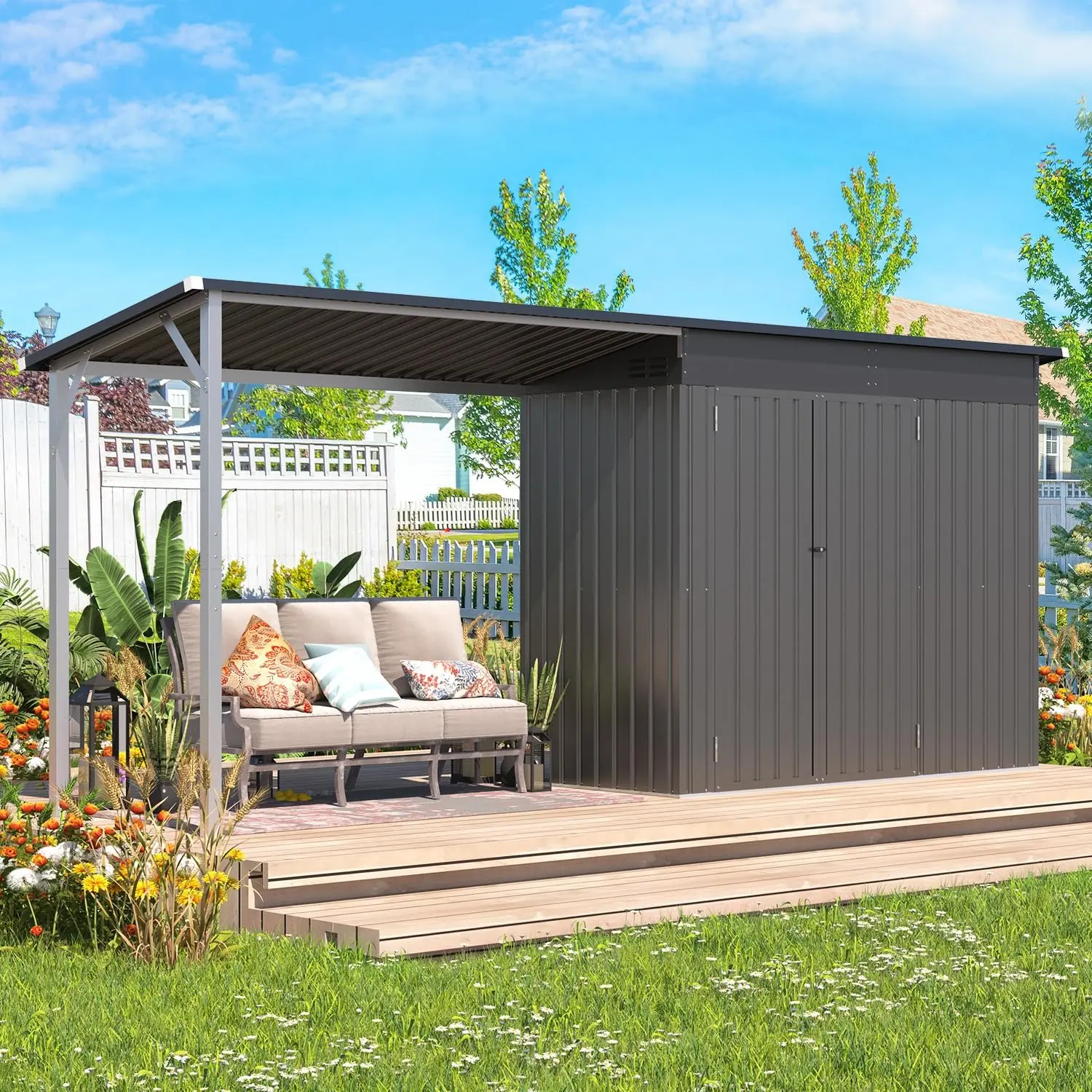 【1/2 packages arrived at different times】Outdoor Open-Sided Storage Shed, Outdoor Storage Sheds , 2-in-1 Tool Shed with Attached Hardtop Metal Pergola Gazebo