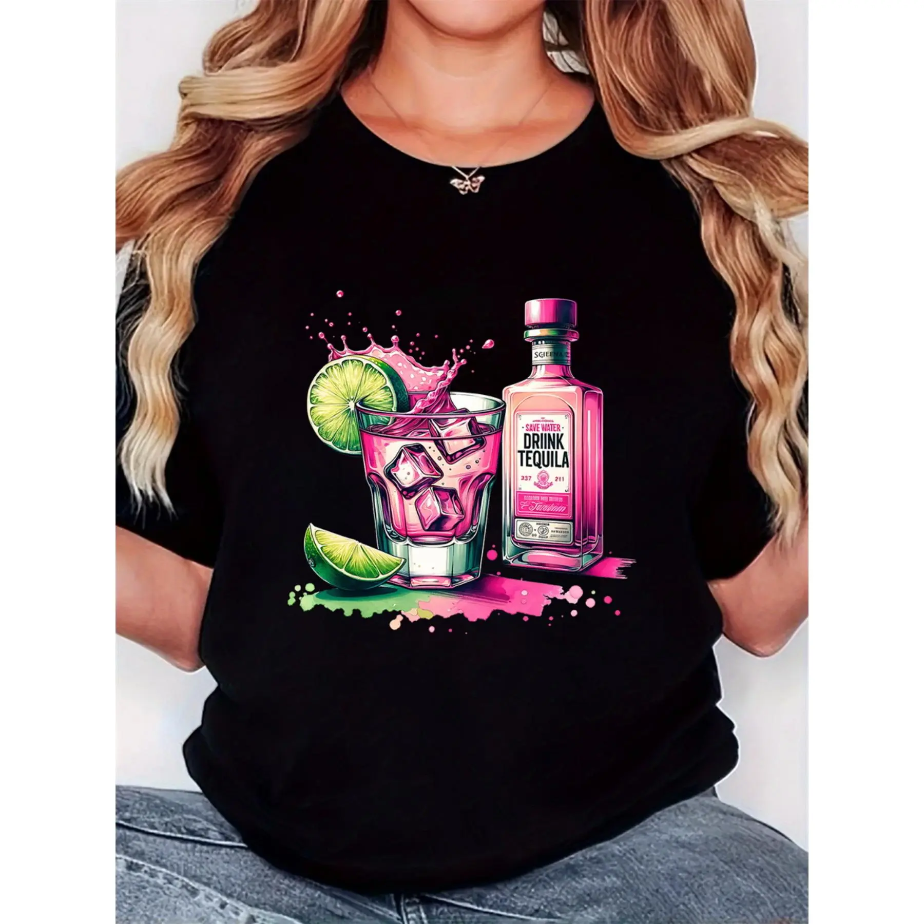Women's 180g Cotton Black Crew Neck Shortsleeve Top - Tequila Digital Print, Save Water Drink Tequila Design, Basic Casual Graphic Tee for Summer Wear, Ruffled Sleeves, T-Shirt Top, Minimalist Basic, Tequila Print