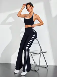 Sporty Women's Plain Striped Trim Sports Bra & High Waist Flare Leg Pants Tracksuit Set, Athletic Activewear Tracksuits, Sport Comfy Breathable for Yoga Gym Workout Running, Running Outfits, Ladies Sportswear for All Seasons