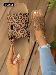 A pair of new large-size women's open-toe leopard print hollow-out slip-on sandals with buckle decoration, stylish, simple, Comfy, comfortable, lightweight, versatile for daily commuting, Pu Leather Slides