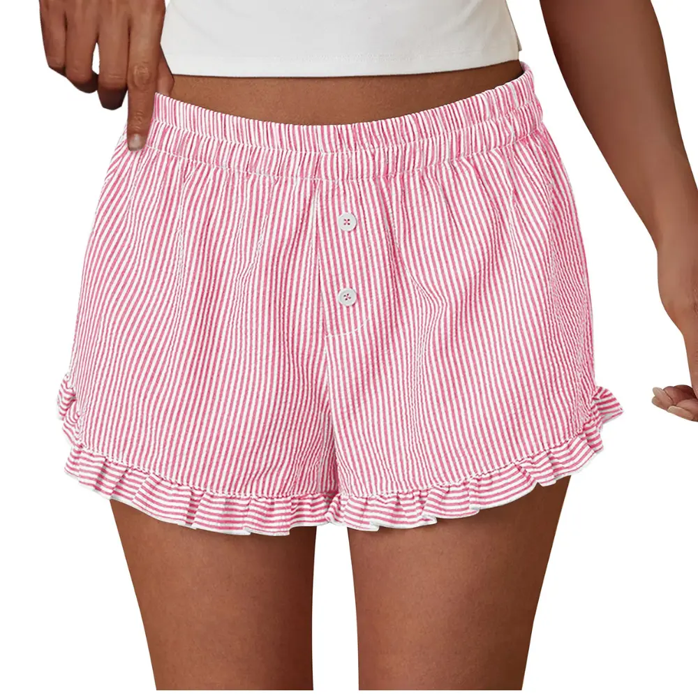 PrettyGarden Women's Boxer Shorts Y2K Ruffle Pajama Summer Spring Lounge Sleep Striped Casual Beach Pj Bottoms Pockets