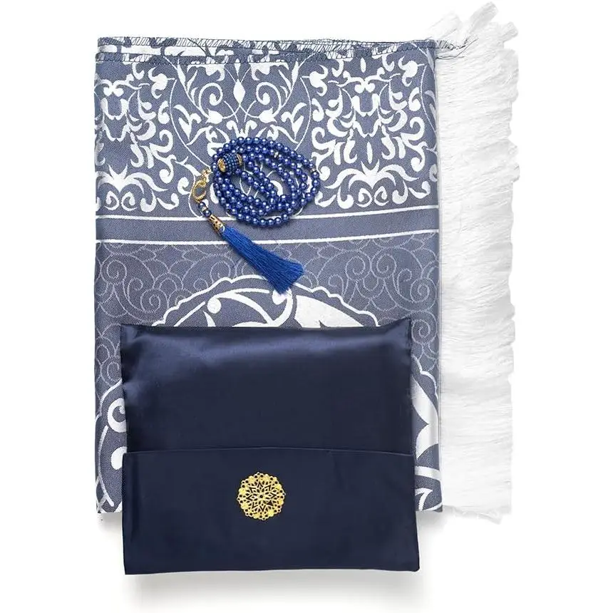 Prayer Mat - Turkish Design Muslim Prayer Rug & Prayer Beads Set with Satin Pouch, Ideal Islamic for Hajj, Eid, Weddings & Umrah (Navy Blue)