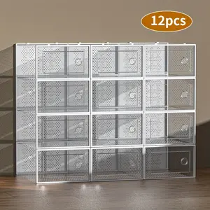 12 Pack Large Shoe Storage Organizer for Closet, Modular Space Saving Shoe Boxes Clear Plastic Stackable Containers Display Case Bins with Lids, Shoe Rack for Sneaker Storage, White And Black