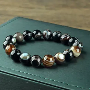 Natural Black And White Sardonyx Agate 10mm Filament Eye Beads Bracelet Polished Gemstone Jewelry