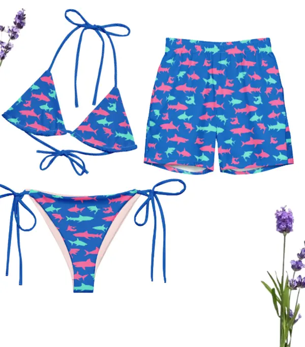 His Hers Matching Couples Swimsuit Set, Bikini and Swim - Electric Blue Sharks, Honey Moon Matching Swimsuits