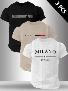 Men's Summer Letter Print Casual Classic Round Neck T-Shirt, Textured Fabric, Short Sleeve, Fitted Style, 3 Pack, Daily Wear