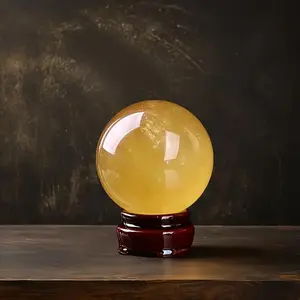Natural Honey Calcite Ball, 1 Count Crystal Ball with Wooden Base, Desktop Ornament for Home Office, Gift for Friend & Colleague, Natural Crystal Sphere