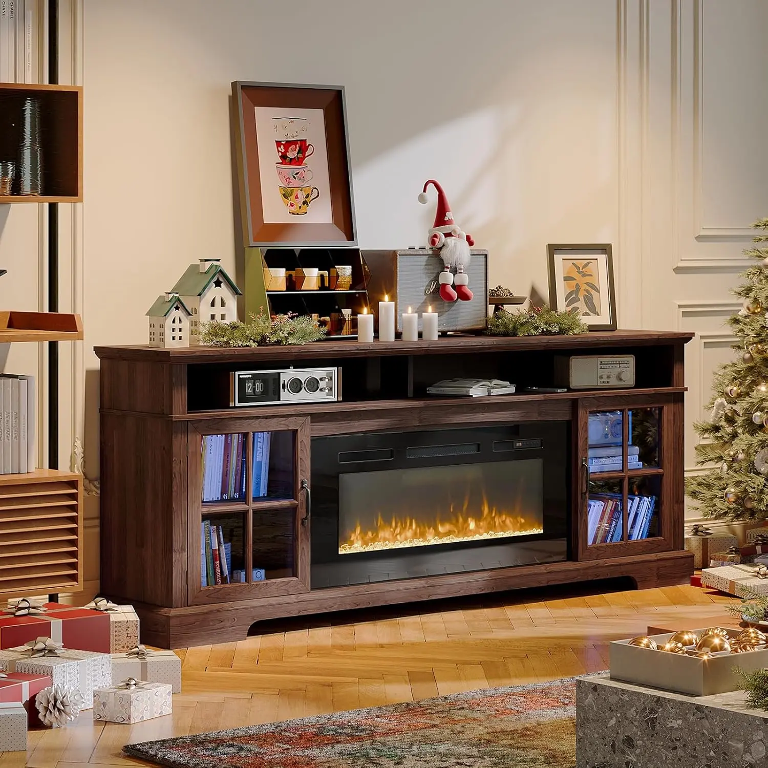 【2 Boxes Shipped At Different Times】Fireplace TV Stand, Modern Entertainment Center for TVs Up to 80”, TV Console with Storage Cabinets, Media Console for Living Room, Brown TV Stand and Black Fireplace Tv Frame Bedroom Furniture