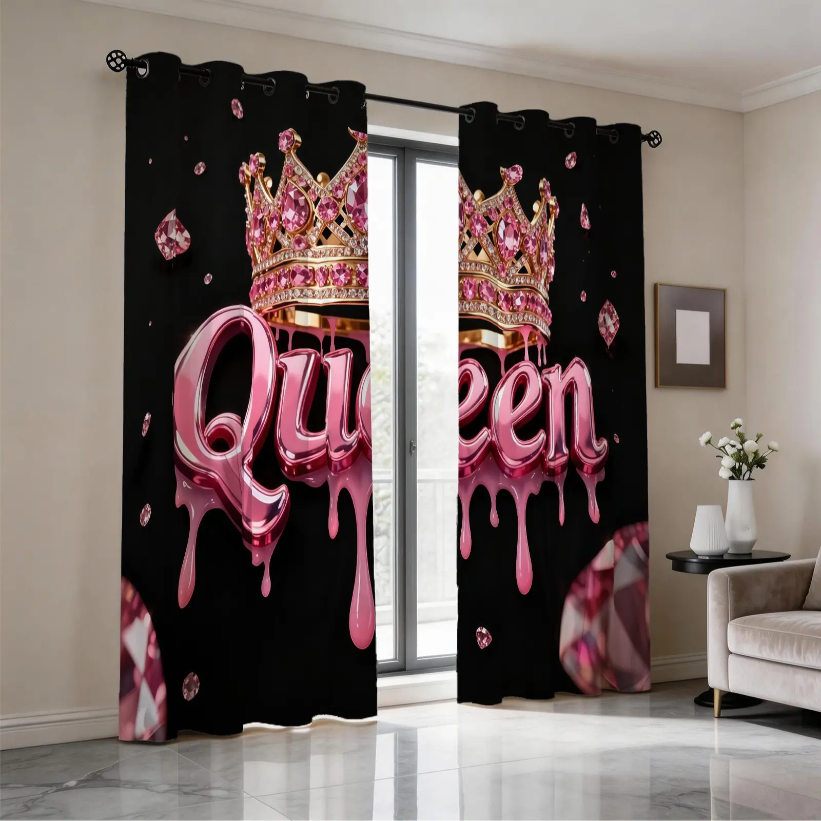 Sparkling Pink Crown Queen Pattern Curtains, 2-Pack, Home Decorative Curtain, Bedroom Decor Blackout Curtains, Suitable For Girls, Teenagers, Fashion Lovers, Home Decoration Curtain