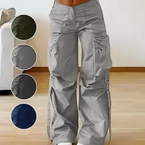 Y2K Street Flap Pocket Tape Detail Loose Casual Wear Wide Leg Parachute Cargo Pants Fabric Fit Womenswear Bottom Day Polyester Trouser Wideleg Basic Grey baggy sweatpants flare pants leather pants Minimalist