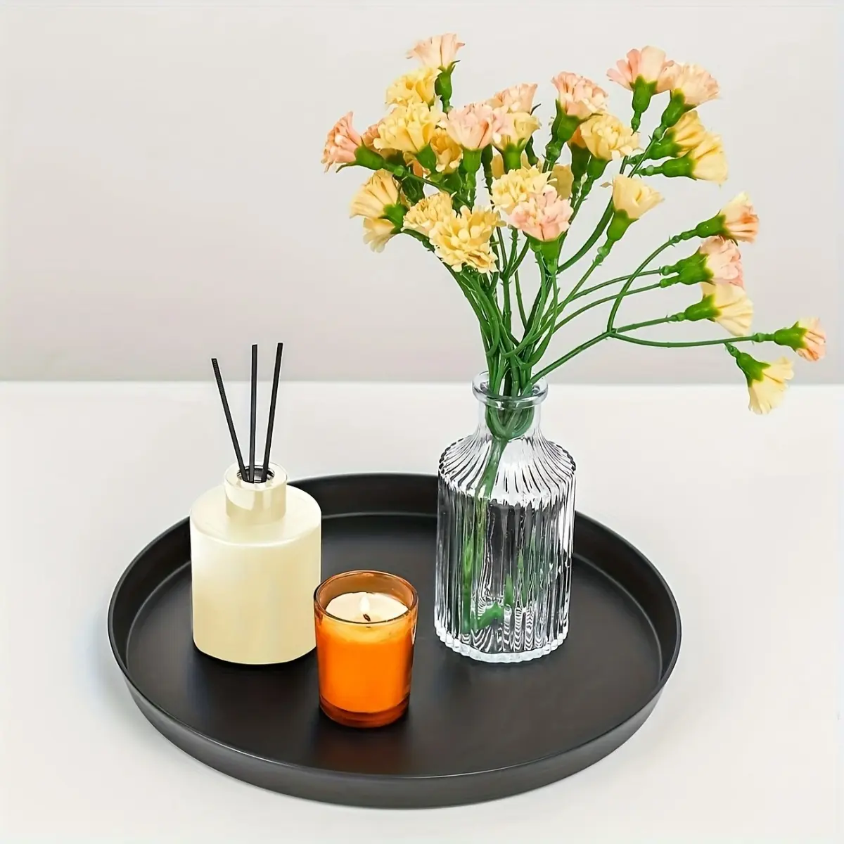 Black Round ABS Decorative Tray with Candle Holder, Interior Decoration Accessories, Home goods, Modern FarmhouseKitchen Bathroom Organizer Tray Coffee BarTea Station Display Plate, Desktop Candle Decor Tray, Home Accent Tray, Non-Food Contact Use