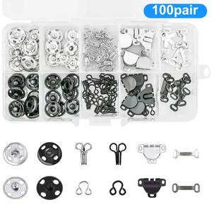 100 Pairs Hook and Eye Latch Kit - 3 Styles Sewing Hooks and Eyes Closure Set,Metal Snap Buttons Hook and Fasteners Press Studs,Fixing Tool for Cloth Pants DIY Craft