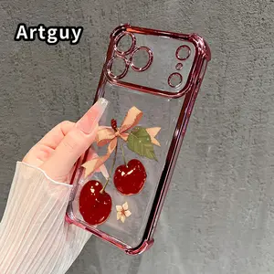 Compatible with Phone Case iPhone 17 Pro Max 16 15 Plus Air 14 13 12 11 E Cherry Bow Pattern Transparent Full Coverage Four Corners Anti-drop Casing
