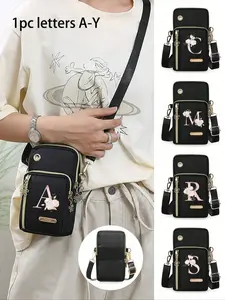 Women'S Phone Bag, Mini Crossbody Bag,Pink Flower Letter Print Patterna A-Z，Vertical Coin Purse For Women，Sports Arm & Running Wrist Bag, Mini Casual Crossbody Phone Bag ,Work, Business, Commute,For Anniversary,Lover,For Birthday Gift,Valentine Day