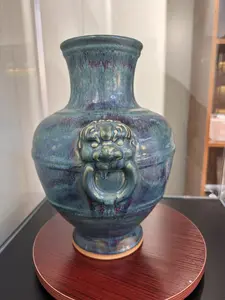 Handmade Chinese Jun Porcelain Vase with Lion Head Handles, Vintage Kiln-Fired Glaze Ceramic Vase, Unique Asian Art Home Decor for Living Room