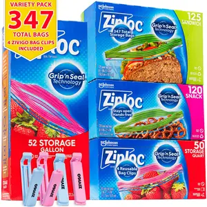 Ziplock Bags, Variety Pack, (347 Bags Total) New Stay Open Design - 52 Storage Gallon Bags - 50 Storage Quart Bags - 120 Snack Bags - 125 Sandwich Bags, with 4 Zivigo-Reusable Bag Clips,
