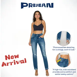 PREJEAN Women's High Rise Stretch Skinny Jeans with Double Button Waist Ripped Knee Fashion Casual Denim '90s Inspired Pants Go With Everything Super Stretch Fabric Tummy Control Slim Fit Trousers New Arrival Machine Washable -   Bottom Hip
