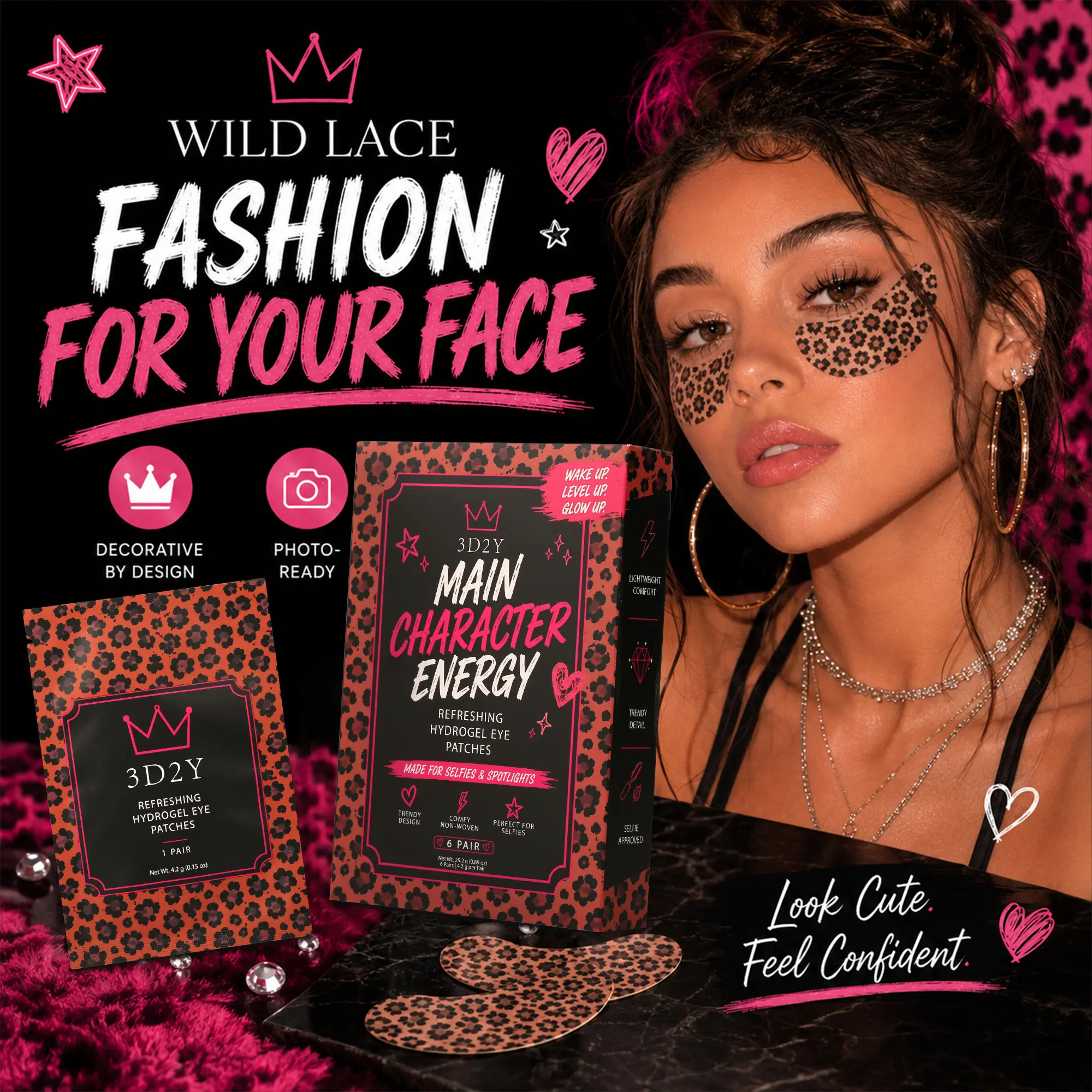 3D2Y WILD LACE Leopard Print Decorative Under-Eye Patches,  Soft-Matte Face Accessories for GRWM, Smile Line Patches for Face,  Festivals & Bold Makeup Looks,6 Pairs