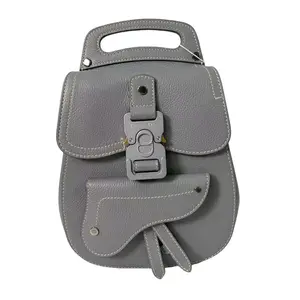 Pre-owned Leather Shoulder Bags Christian Dior Motion Saddle Backpack in Grey Grained Calfskin
