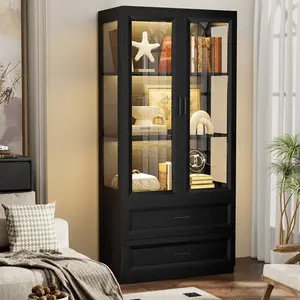 MIIFUNY Display Cabinet with LED Lights, Curio Storage Cabinet with Acrylic Doors & 2 Drawers, 67" Bookcase Display Case for Collectibles, Human Body Sensor, Home Office, Living Room, Black
